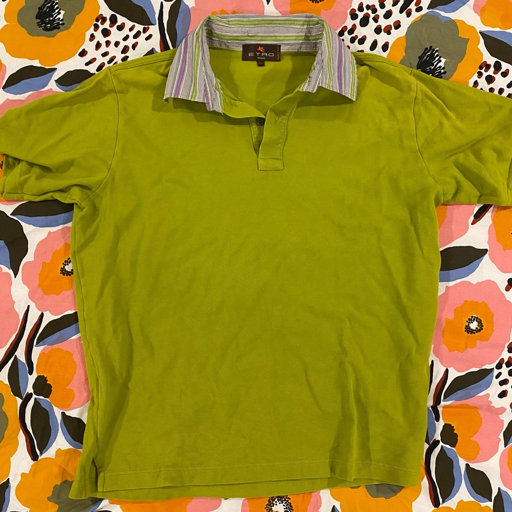 Etro Green Polo with Striped Detail